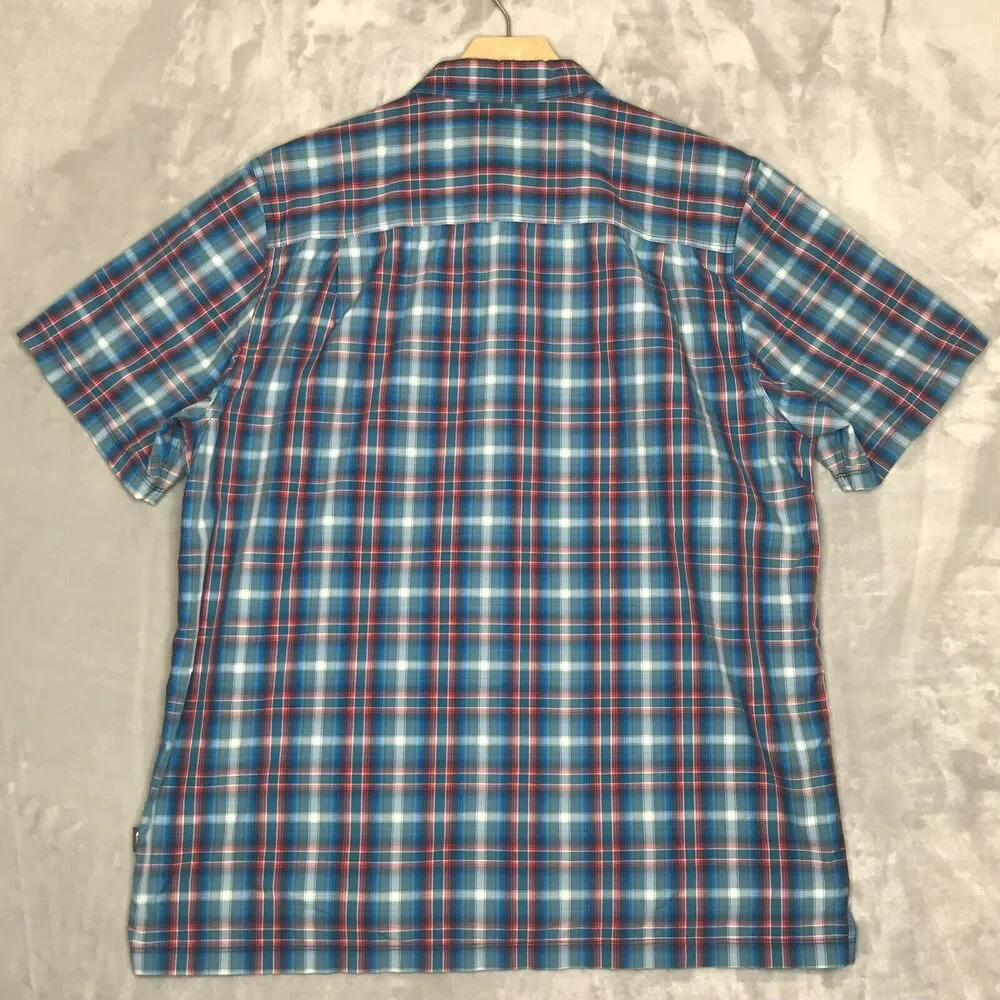 The North Face Shirt Mens Large Blue Red Short Sleeve Button Up Hiking Outdoors